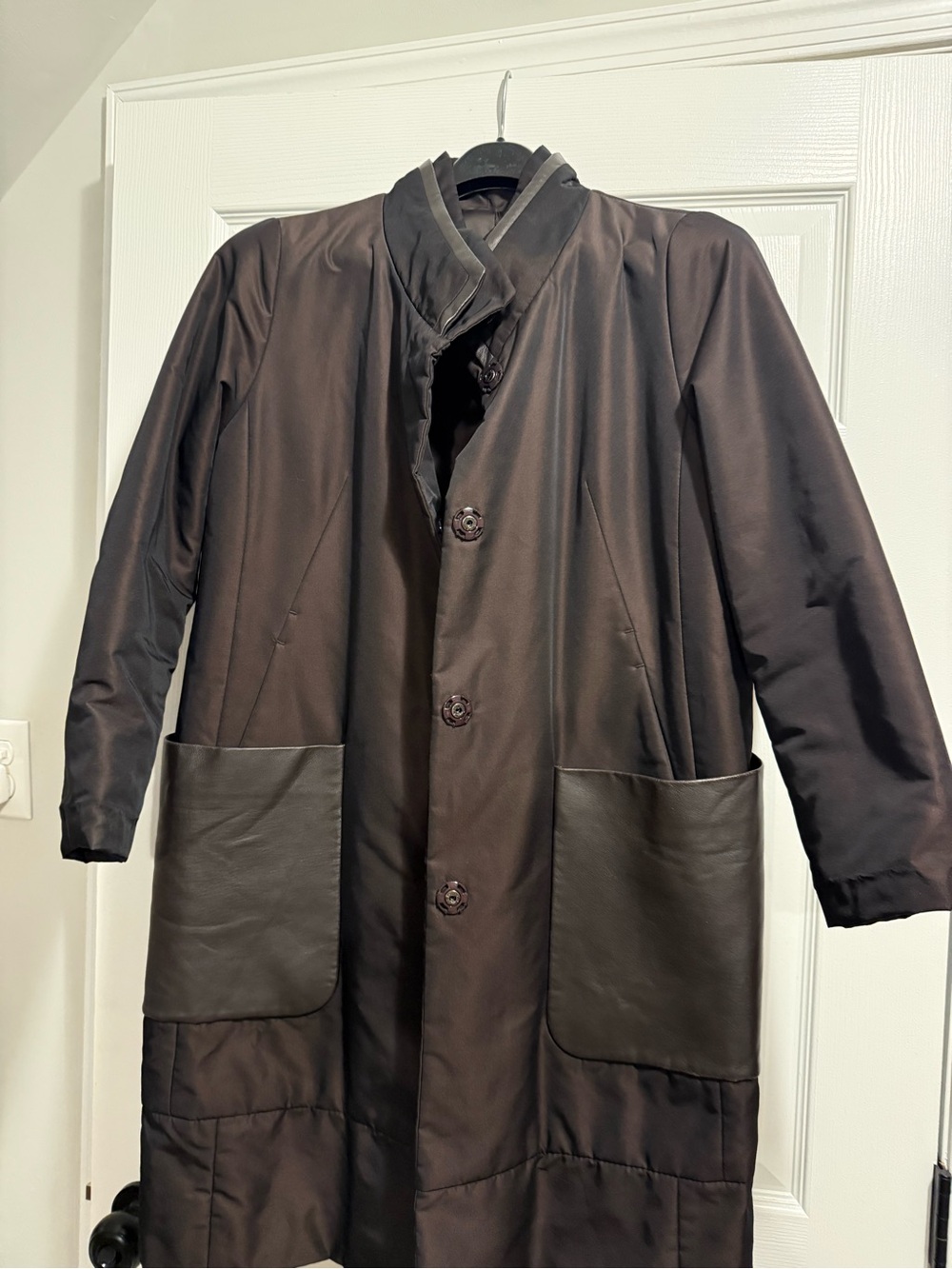 Korean Women’s Long Brown puff Coat with Contrast leather Pockets
